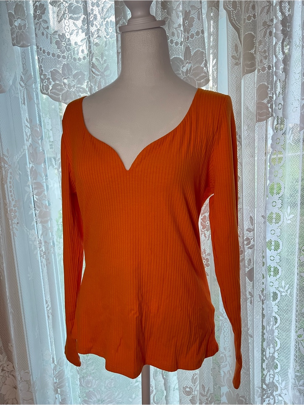 H&M Bright Orange Ribbed Long-Sleeve Top with Notch Scoop Neck Large